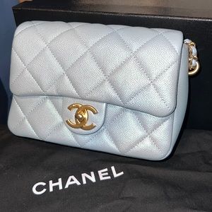 RESERVED Chanel my perfect Mini Square 21k Iridescent Light Blueadjustable chain